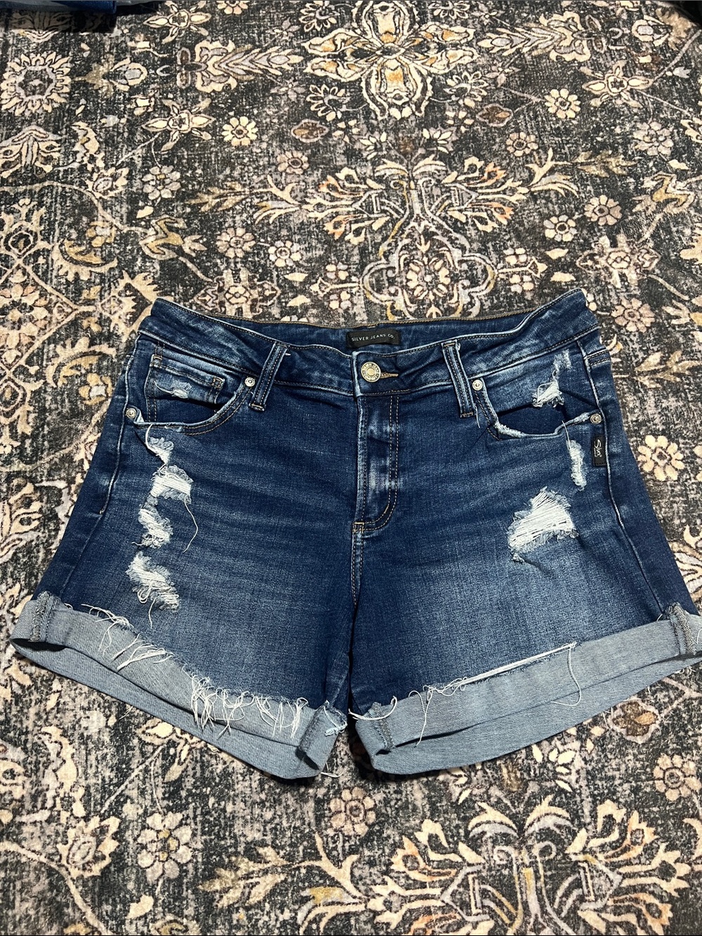 Silver Jeans High-Rise Distressed Roll-Cuff Denim Shorts - Dark Blue